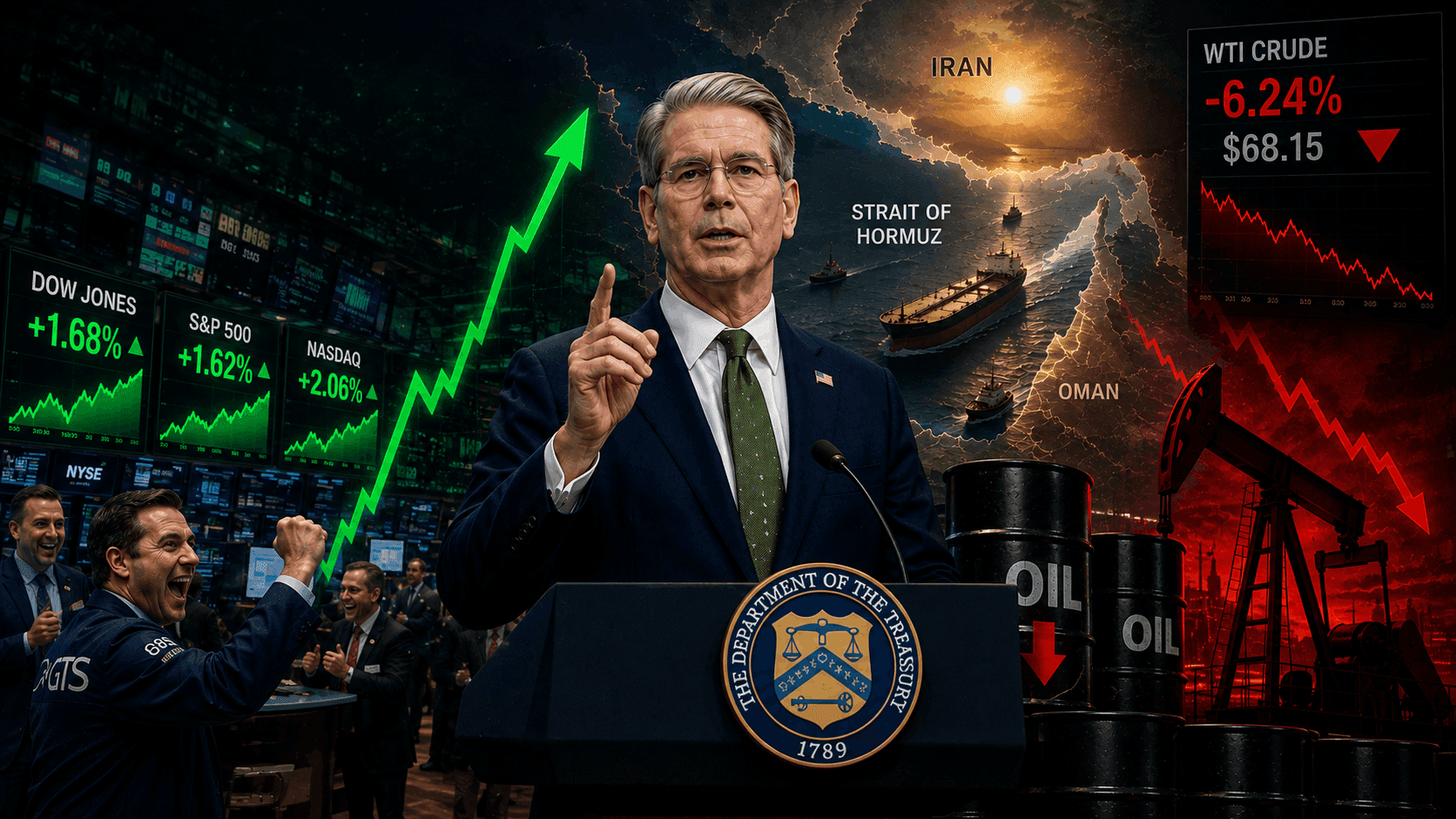 Stocks Surge, Oil Plunges as Bessent Hints at Imminent Hormuz Deal