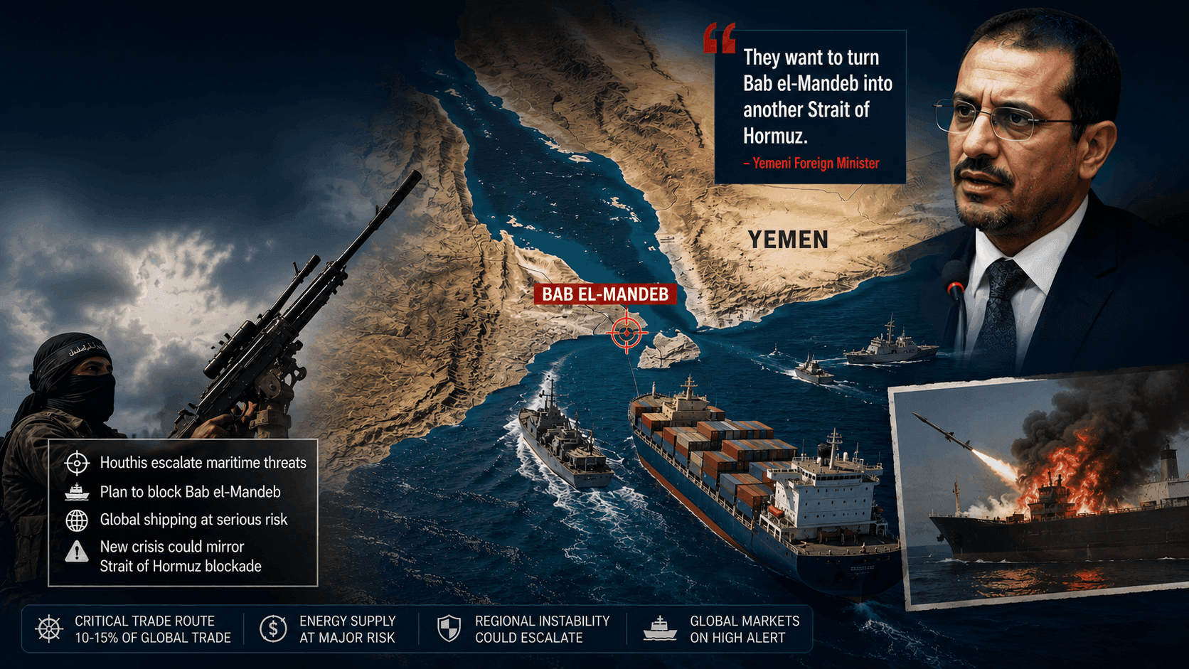 Red Sea Chokepoint Threat: Houthis Plot to Replicate Iran’s Strait of Hormuz Blockade at Bab el-Mandeb, Warns Yemeni Foreign Minister