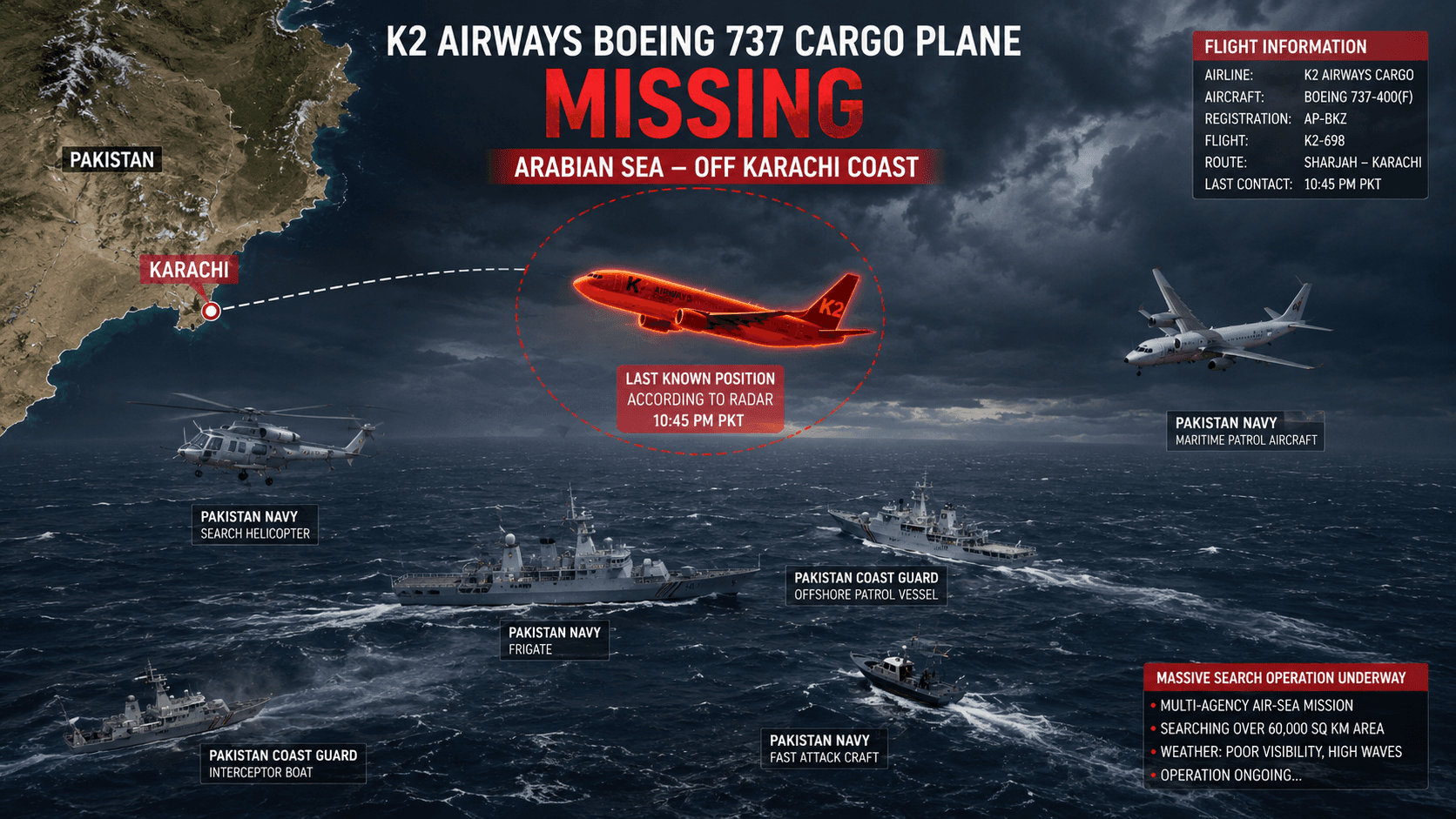 Aviation Crisis: Massive Air-Sea Search Launched in Arabian Sea After K2 Airways Boeing 737 Cargo Plane Vanishes Off Karachi Coast