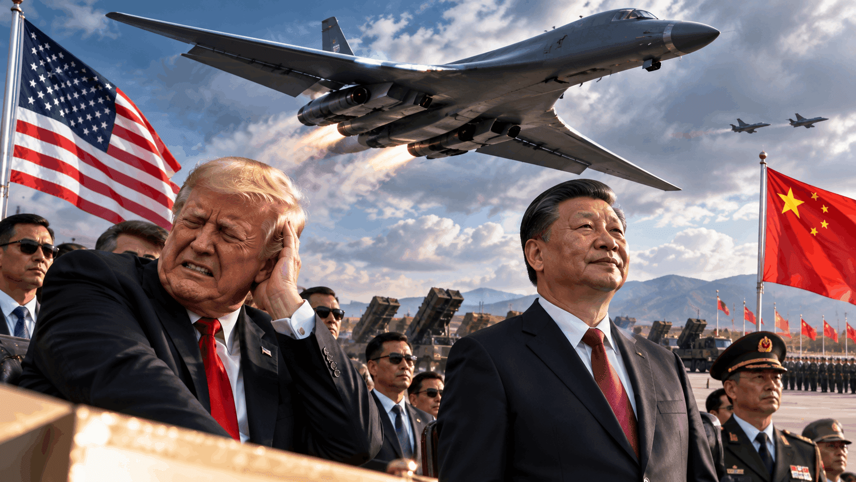 Trump Winces as B-1 Bomber Roars Overhead While Xi Jinping Stands Unfazed